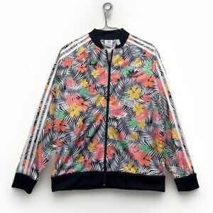 Adidas Track Jacket Girl's Sz L Tropical Floral Palm tree AOP Zip Up Running